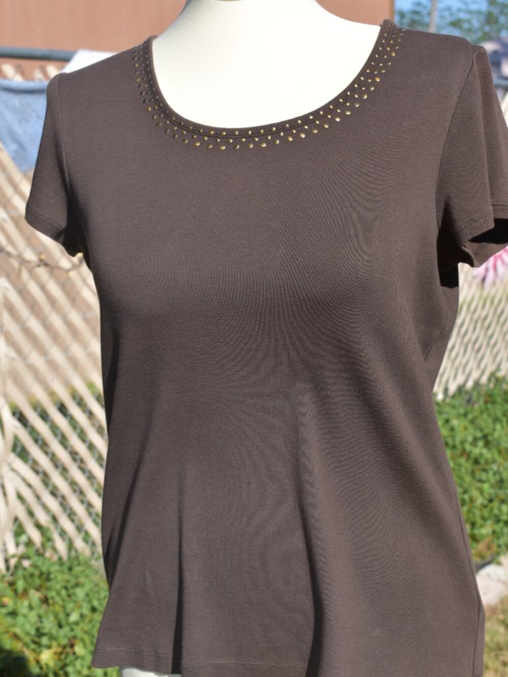 Liz Claiborne Chocolate Brown Short Sleeve Scoop Neck Top with Stud Accents